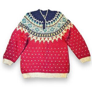 Vintage 1990 IVY Fair Isle Sweater Handknit Mock Neck Pink Purple Ramie Medium